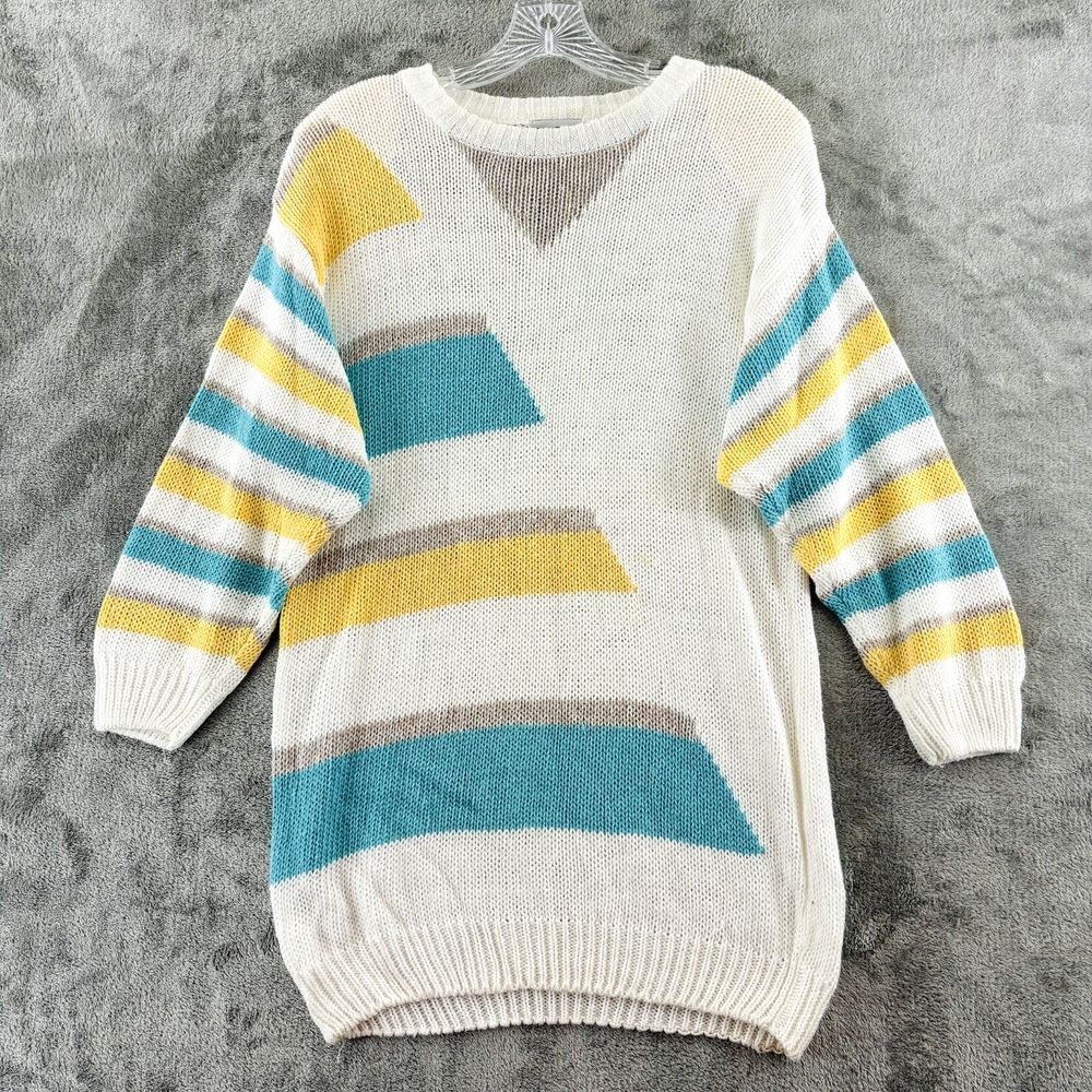 Vintage Koret Tunic Sweater Womens M‎ White Blue Yellow Colorblock Shoulder Pads